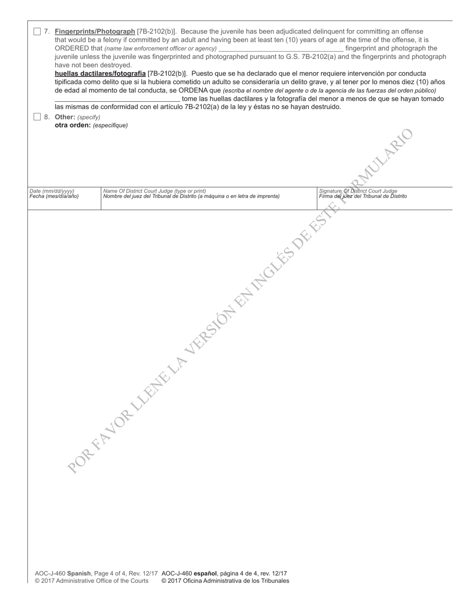 Form AOC-J-460 Juvenile Adjudication Order (Delinquent) - North Carolina (English / Spanish), Page 4