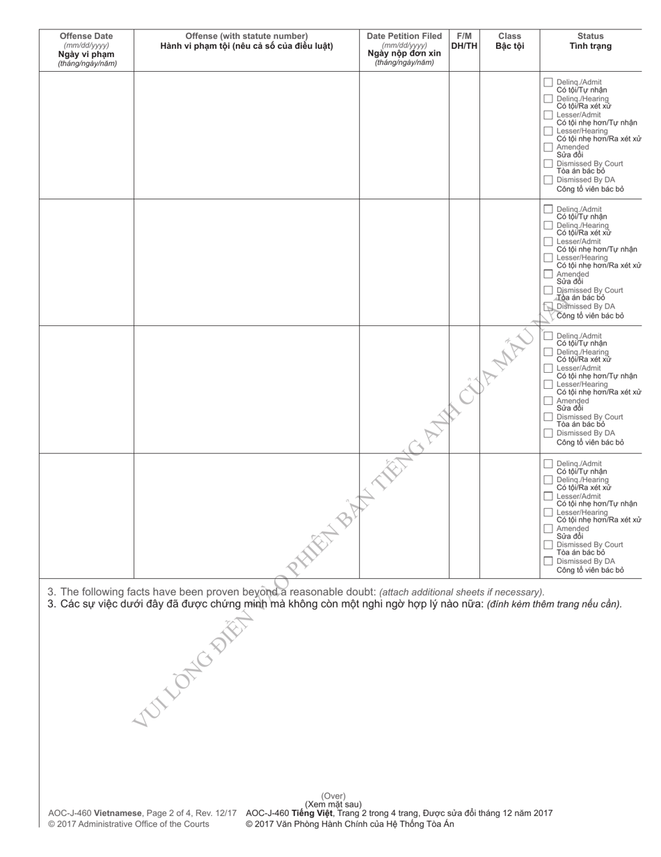 Form AOC-J-460 Juvenile Adjudication Order (Delinquent) - North Carolina (English / Vietnamese), Page 2