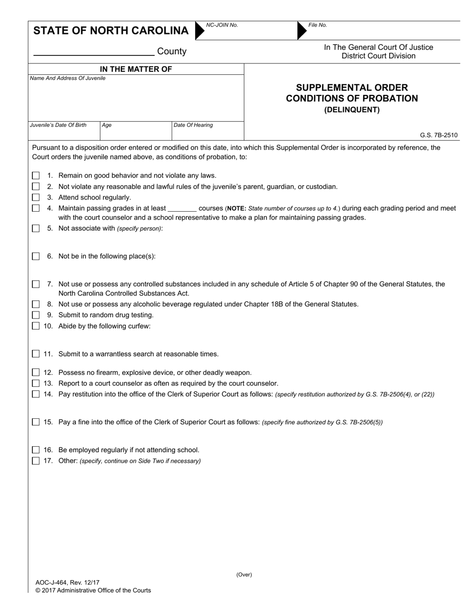 Form AOC-J-464 Supplemental Order Conditions of Probation (Delinquent) - North Carolina, Page 1