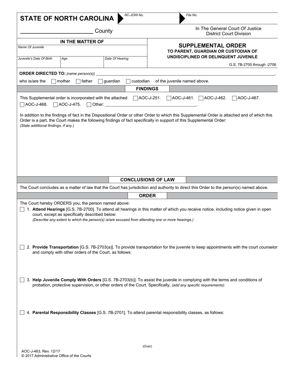 Form AOC-J-463 Supplemental Order to Parent, Guardian or Custodian of Undisciplined or Delinquent Juvenile - North Carolina, Page 1