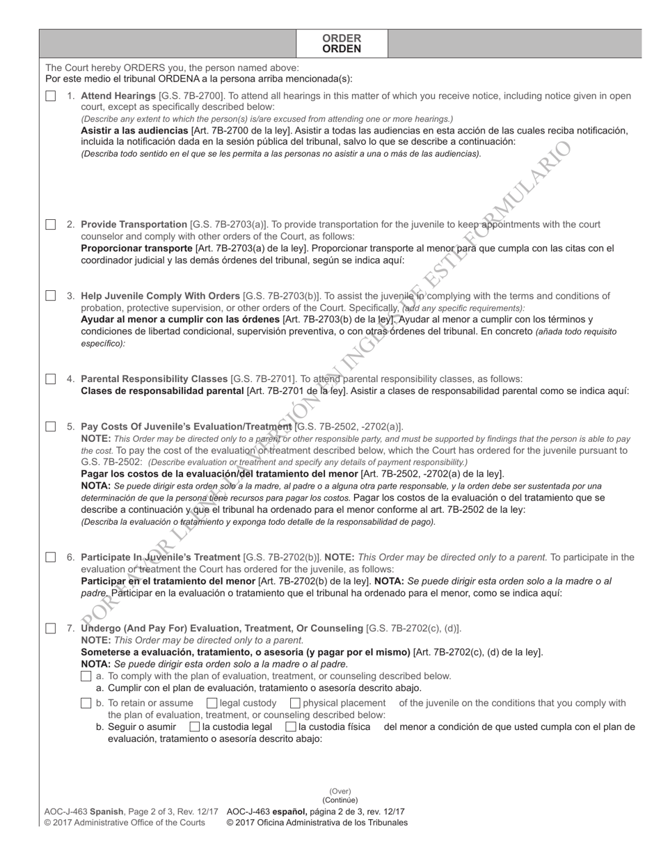 Form AOC-J-463 Supplemental Order to Parent, Guardian or Custodian of Undisciplined or Delinquent Juvenile - North Carolina (English / Spanish), Page 2