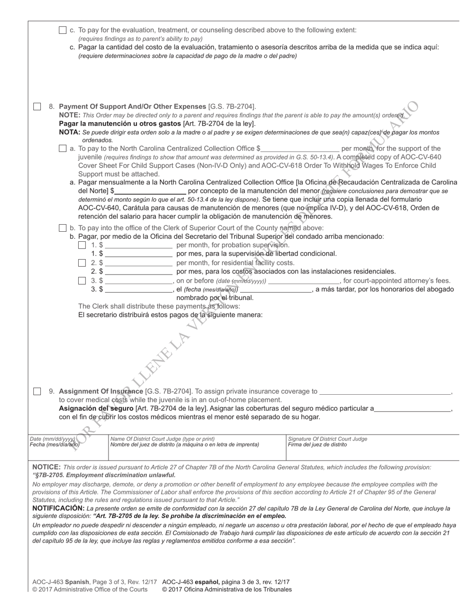 Form AOC-J-463 Supplemental Order to Parent, Guardian or Custodian of Undisciplined or Delinquent Juvenile - North Carolina (English / Spanish), Page 3