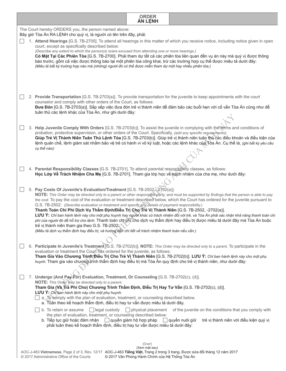 Form AOC-J-463 Supplemental Order to Parent, Guardian or Custodian of Undisciplined or Delinquent Juvenile - North Carolina (English / Vietnamese), Page 2