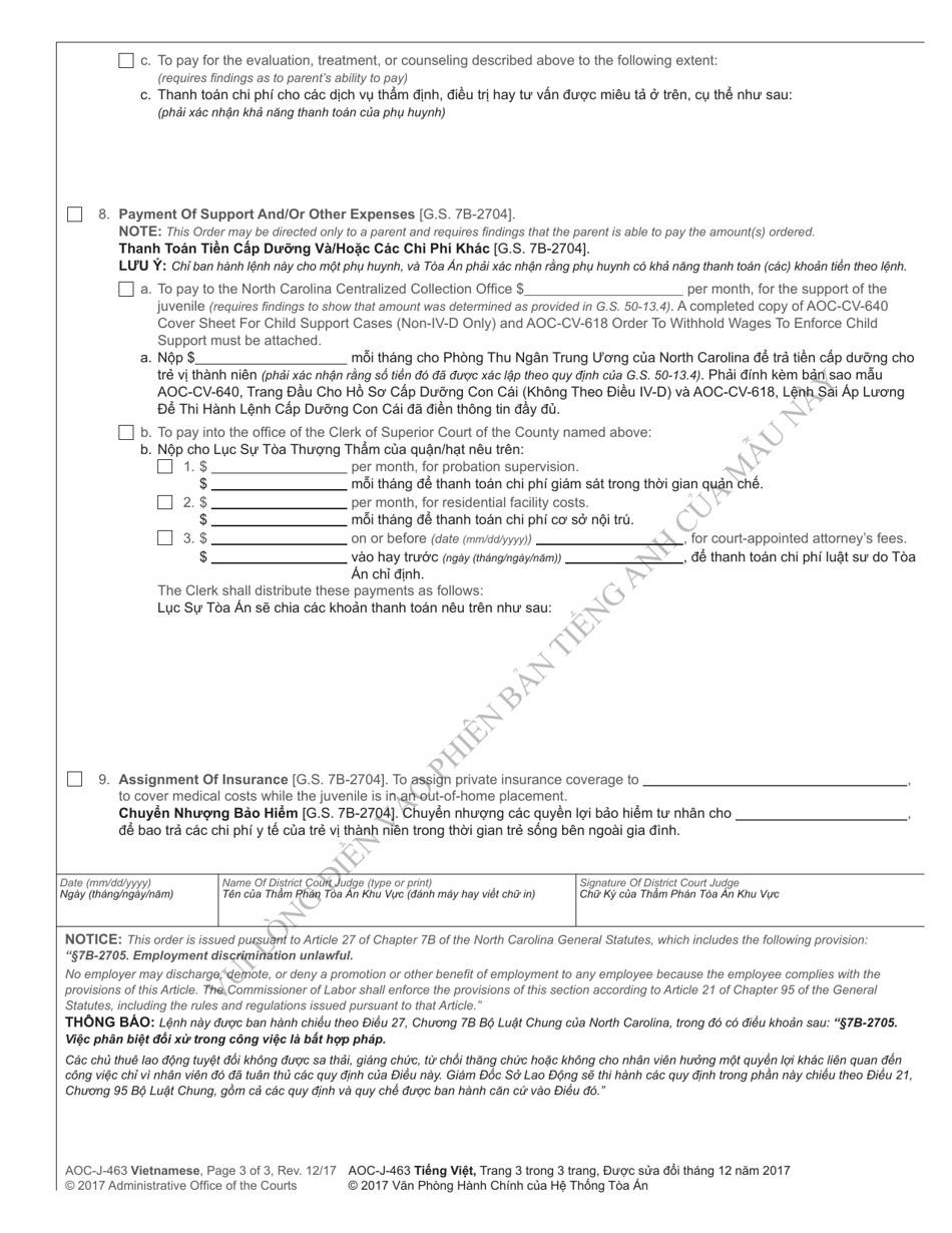 Form AOC-J-463 Supplemental Order to Parent, Guardian or Custodian of Undisciplined or Delinquent Juvenile - North Carolina (English / Vietnamese), Page 3