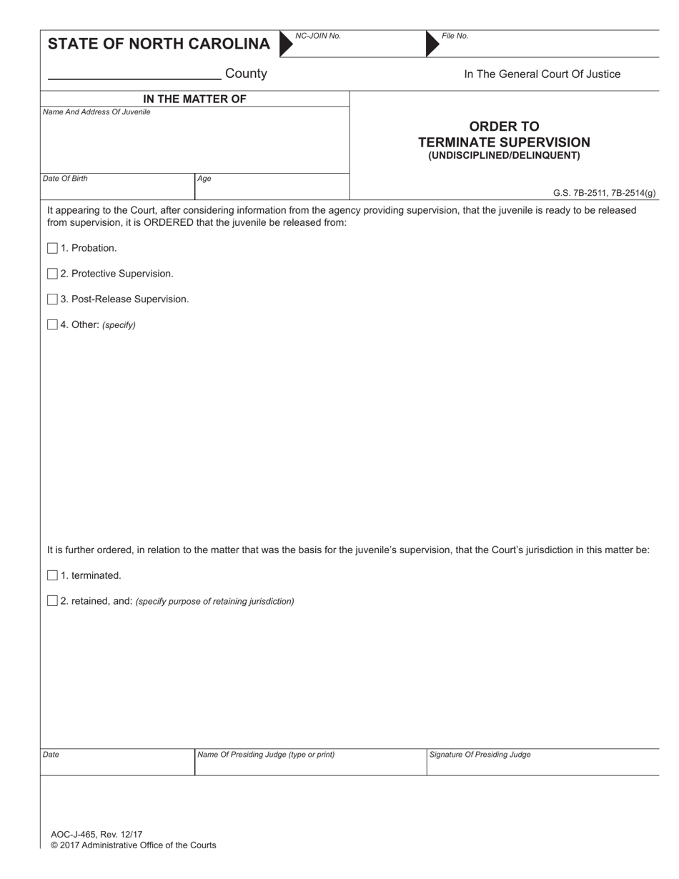 Form AOC-J-465 Order to Terminate Supervision (Undisciplined / Delinquent) - North Carolina, Page 1