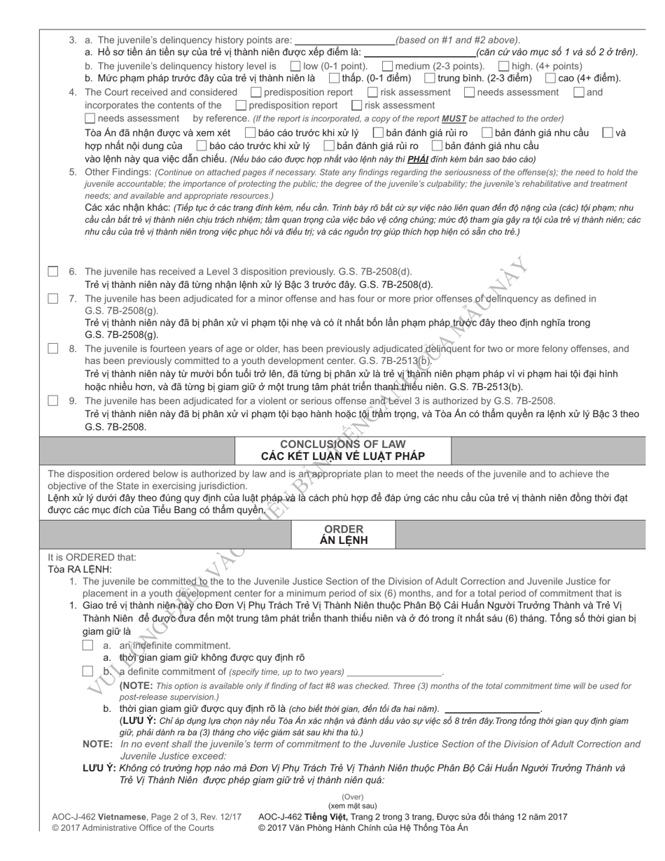 Form AOC-J-462 Juvenile Level 3 Disposition and Commitment Order (When Delinquent Offense Is the Basis of the Commitment) - North Carolina (English / Vietnamese), Page 2