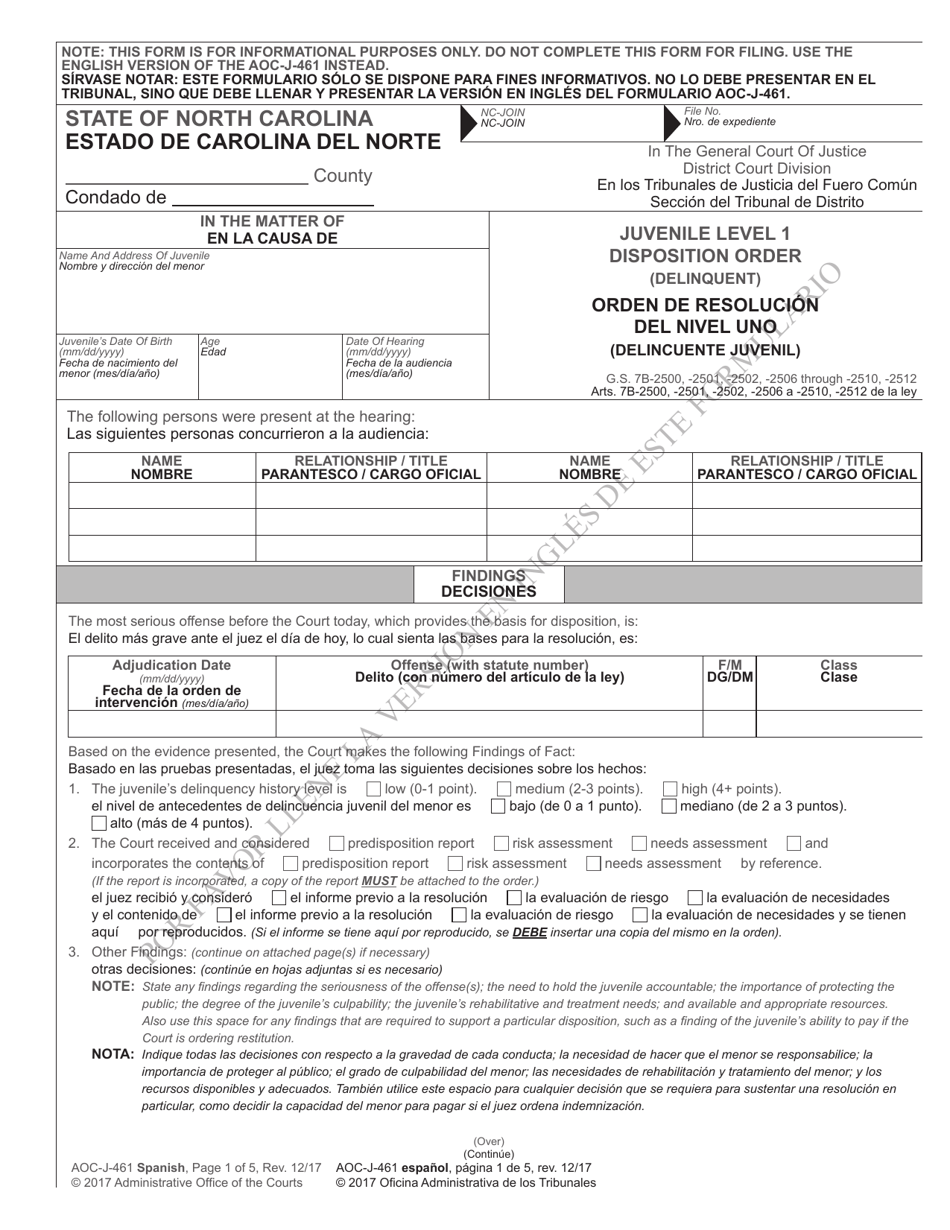 Form AOC-J-461 Juvenile Level 1 Disposition Order (Delinquent) - North Carolina (English / Spanish), Page 1