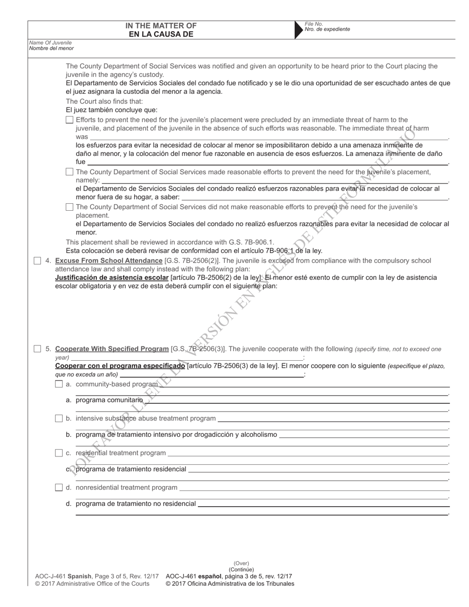 Form AOC-J-461 Juvenile Level 1 Disposition Order (Delinquent) - North Carolina (English / Spanish), Page 3