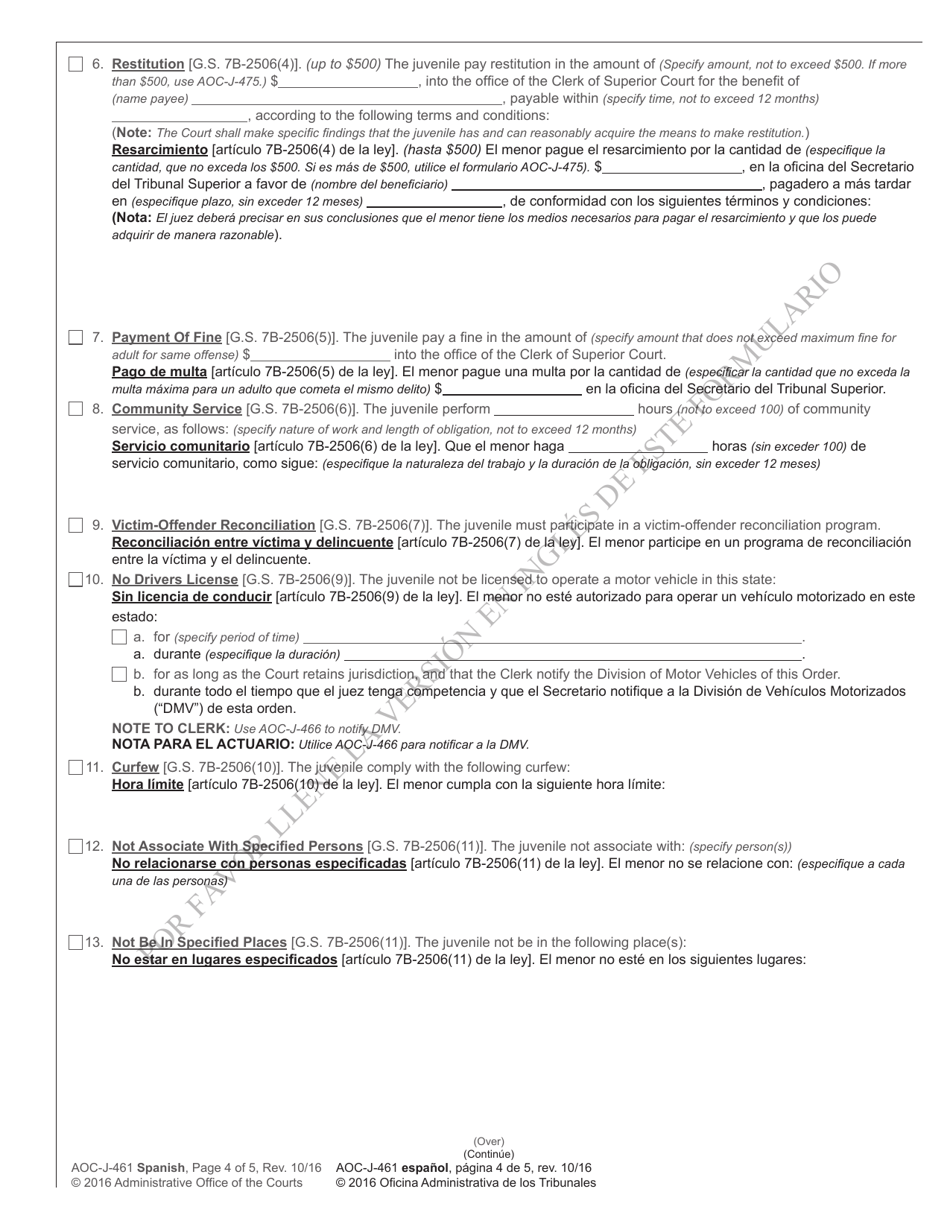 Form AOC-J-461 Juvenile Level 1 Disposition Order (Delinquent) - North Carolina (English / Spanish), Page 4