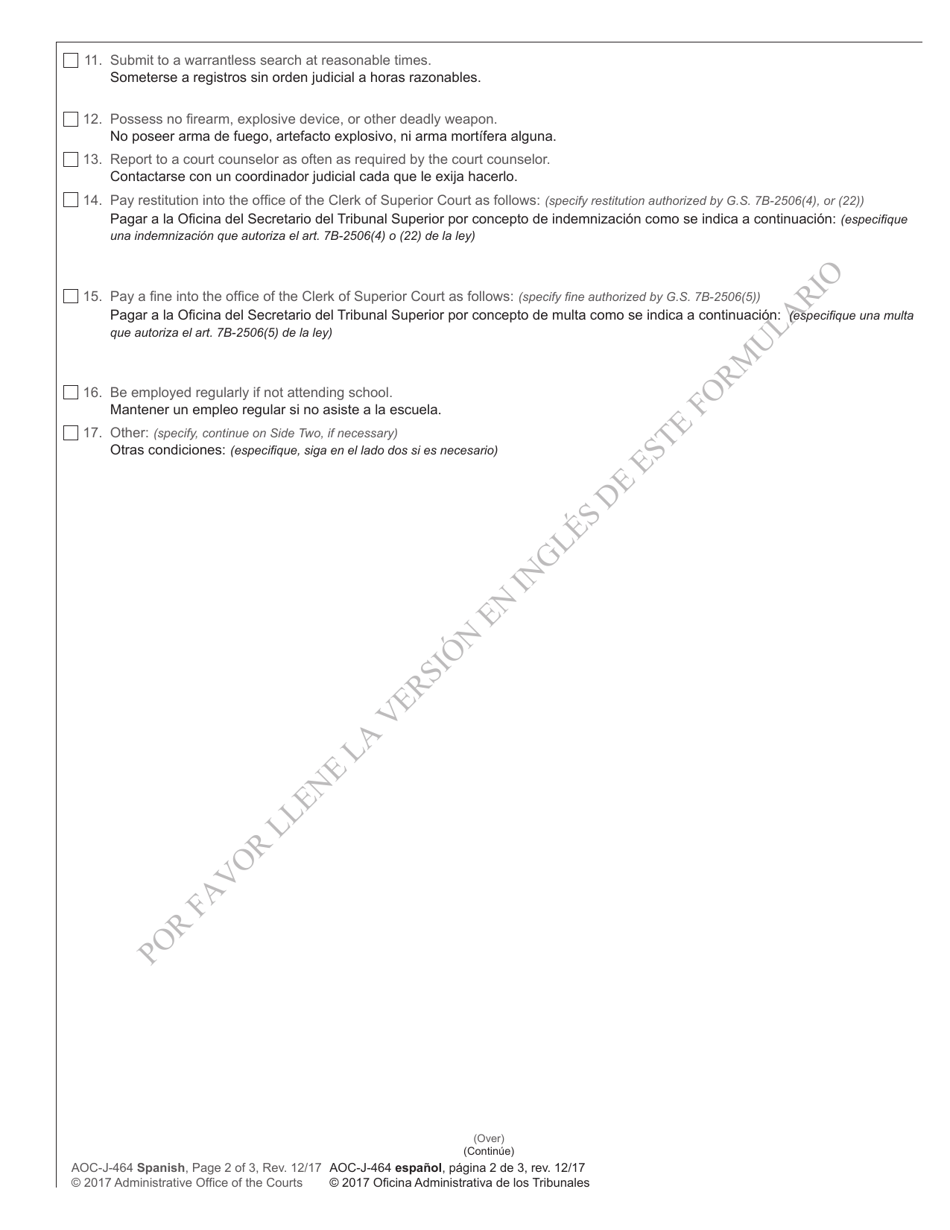 Form AOC-J-464 Supplemental Order Conditions of Probation (Delinquent) - North Carolina (English / Spanish), Page 2