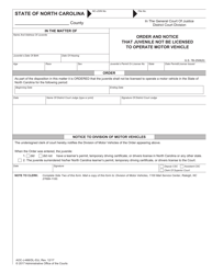 Document preview: Form AOC-J-466 (DL-53J) Order and Notice That Juvenile Not Be Licensed to Operate Motor Vehicle; Acknowledgment and/or Receipt for Surrender of North Carolina License - North Carolina
