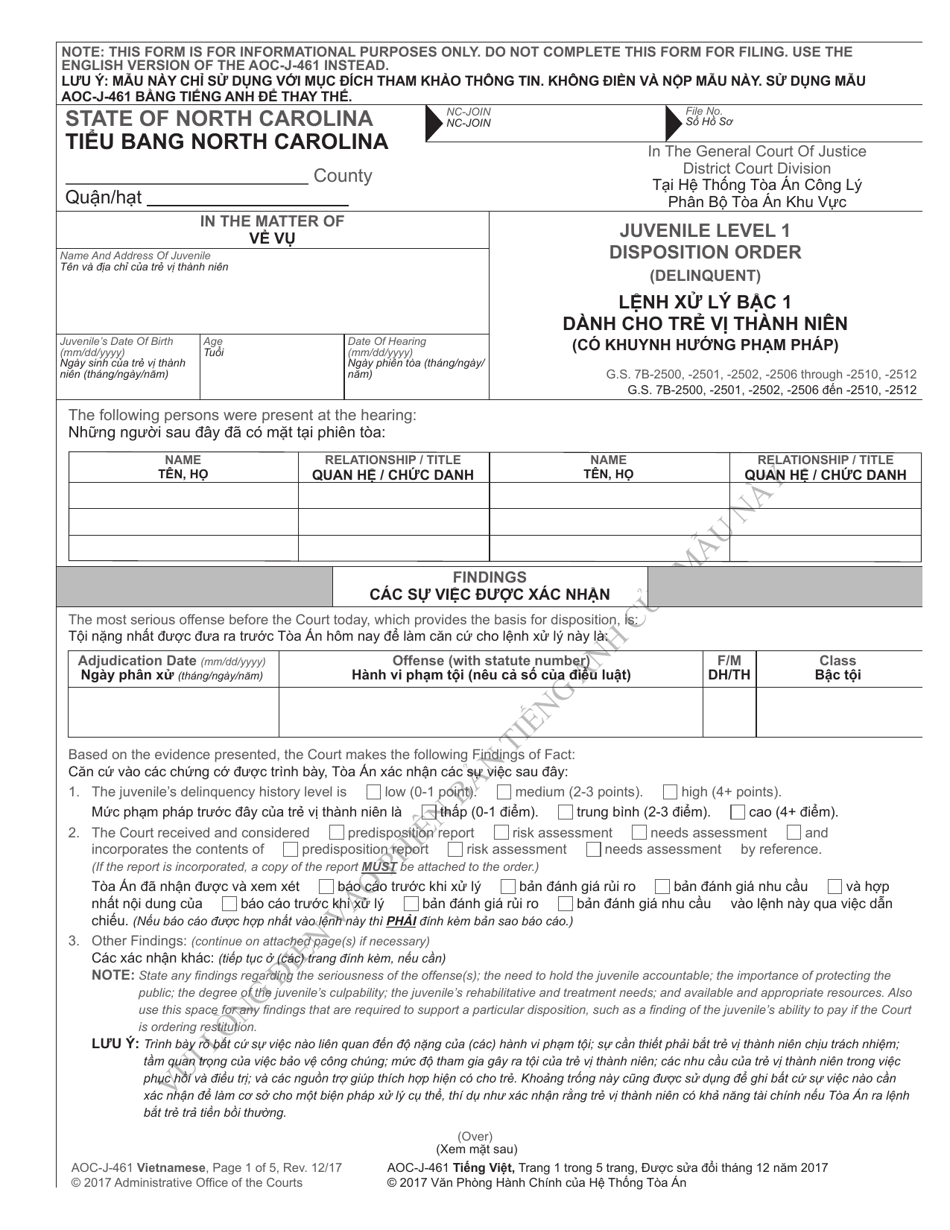 Form AOC-J-461 Juvenile Level 1 Disposition Order (Delinquent) - North Carolina (English / Vietnamese), Page 1