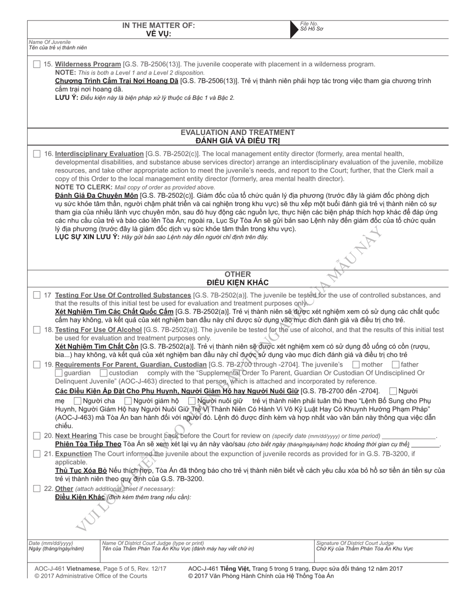 Form AOC-J-461 Juvenile Level 1 Disposition Order (Delinquent) - North Carolina (English / Vietnamese), Page 5