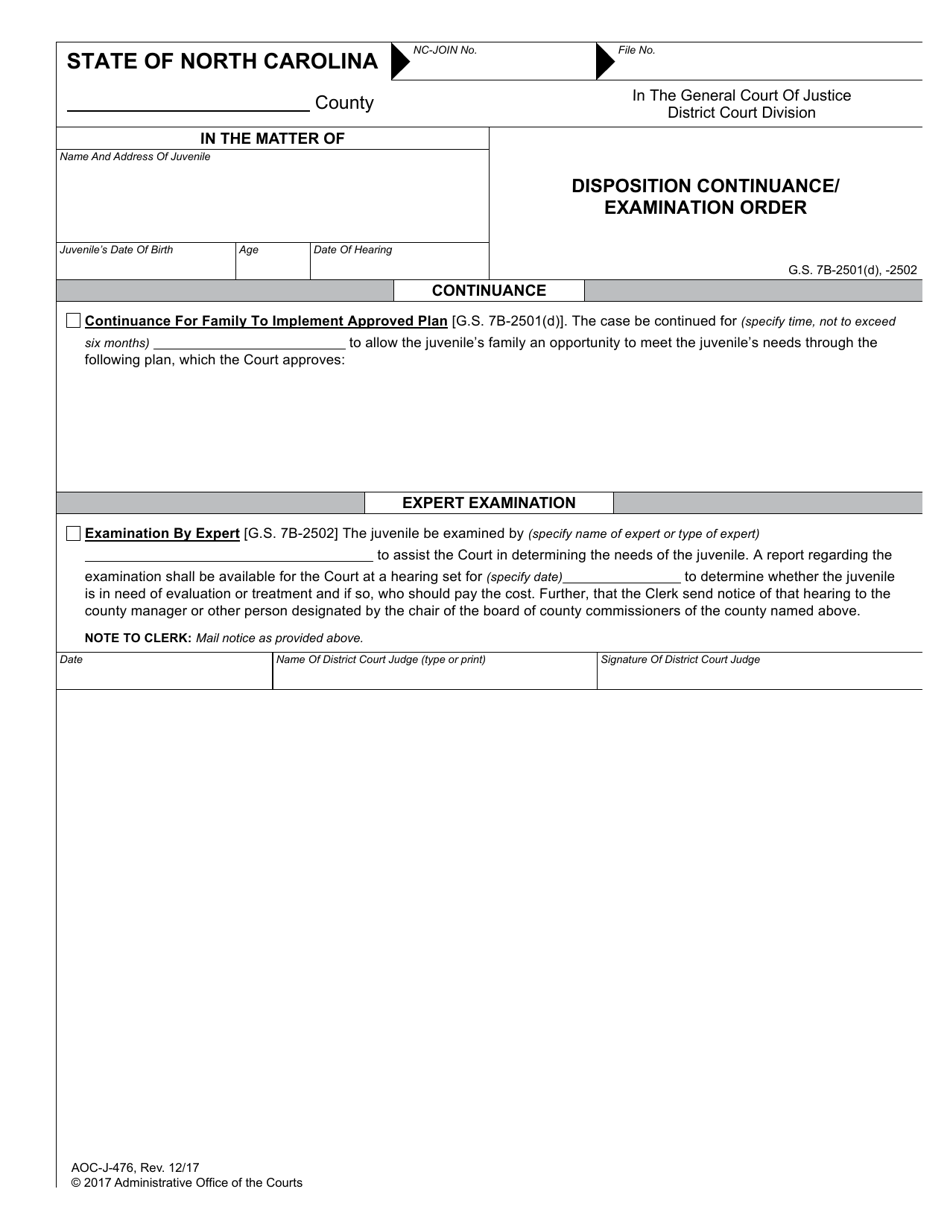 Form AOC-J-476 Disposition Continuance / Examination Order - North Carolina, Page 1