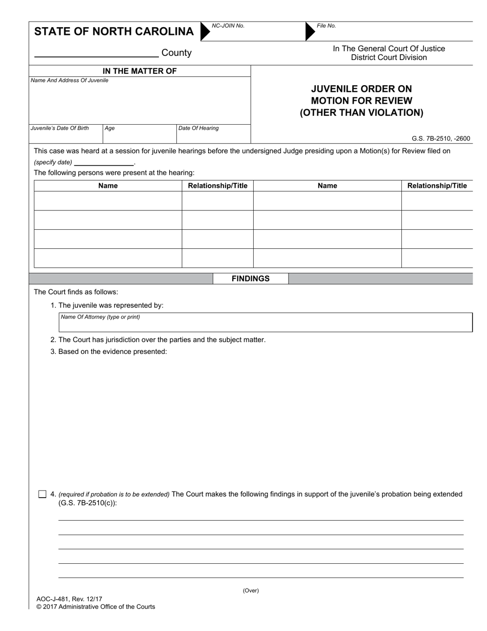 Form AOC-J-481 Juvenile Order on Motion for Review (Other Than Violation) - North Carolina, Page 1