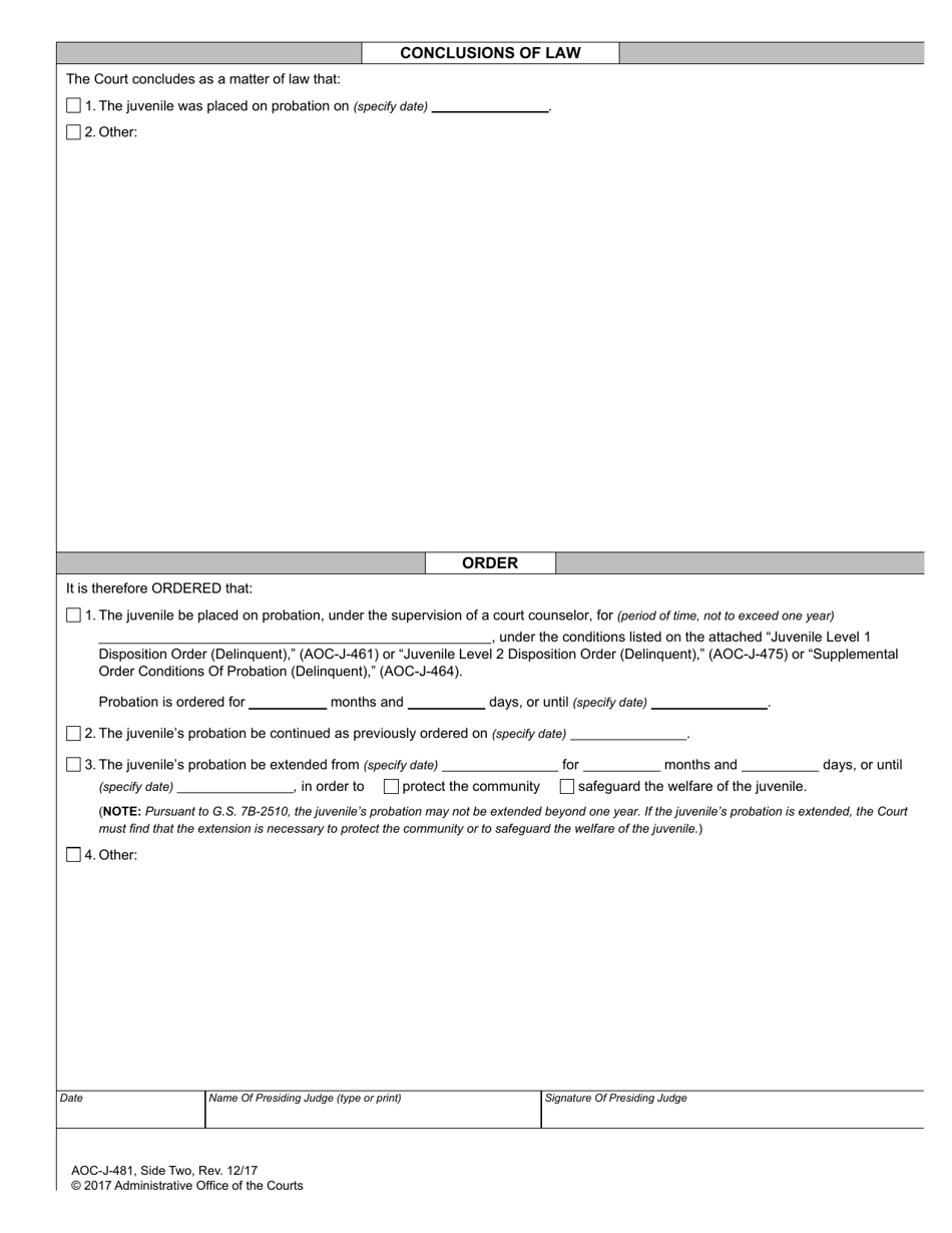 Form AOC-J-481 Juvenile Order on Motion for Review (Other Than Violation) - North Carolina, Page 2