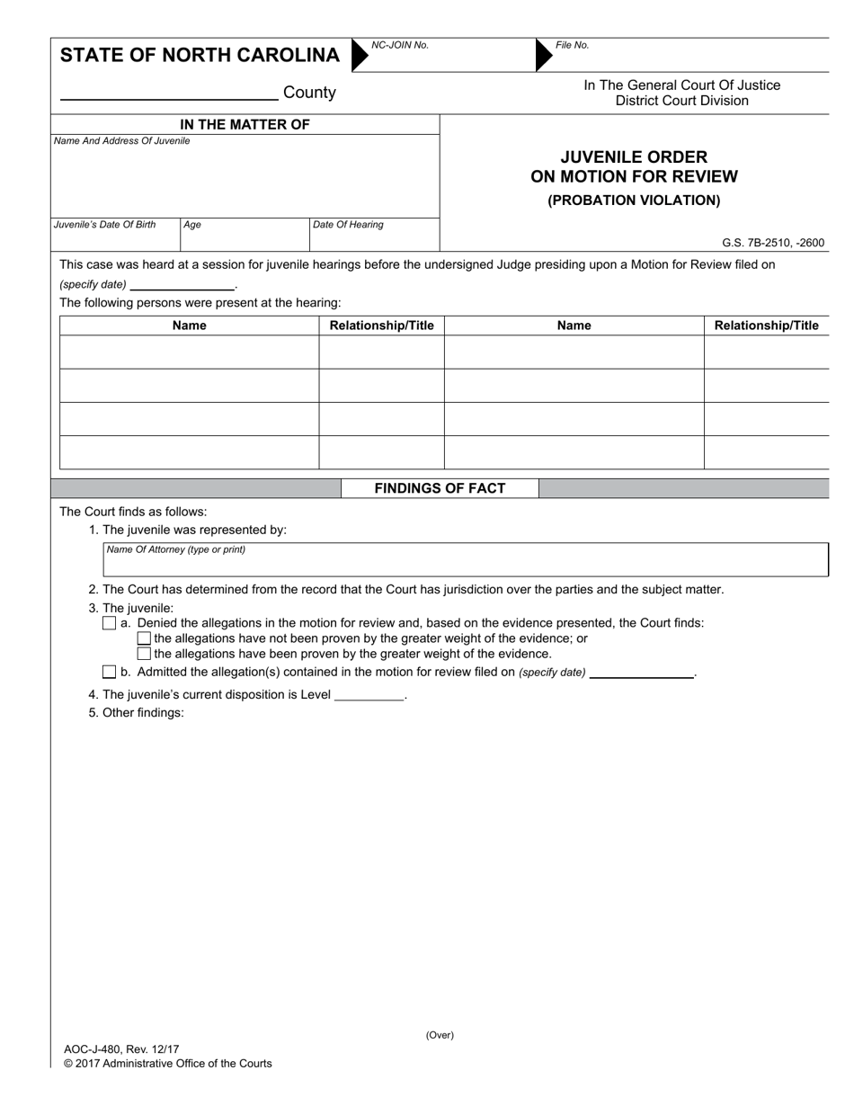 Form AOC-J-480 Juvenile Order on Motion for Review (Probation Violation) - North Carolina, Page 1