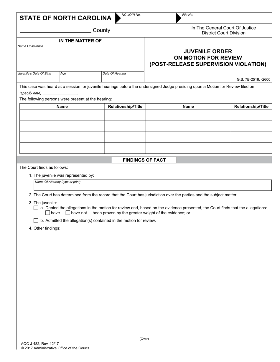 Form AOC-J-482 Juvenile Order on Motion for Review (Post-release Supervision Violation) - North Carolina, Page 1