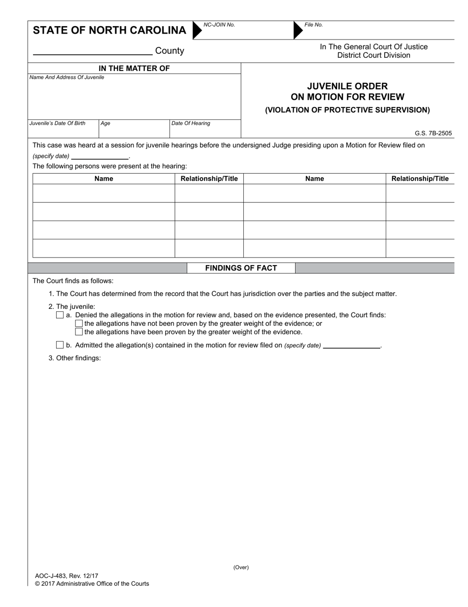 Form AOC-J-483 Juvenile Order on Motion for Review (Violation of Protective Supervision) - North Carolina, Page 1
