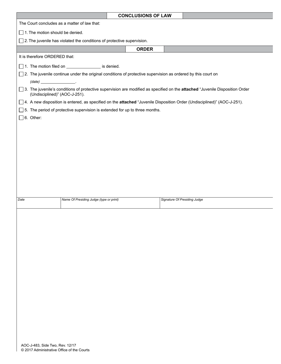 Form AOC-J-483 Juvenile Order on Motion for Review (Violation of Protective Supervision) - North Carolina, Page 2