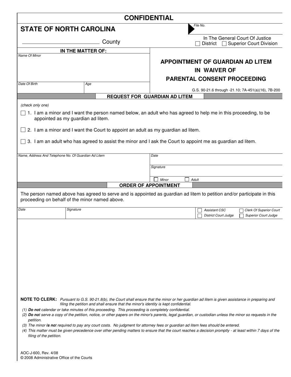 Form AOC-J-600 Appointment of Guardian Ad Litem in Waiver of Parental Consent Proceeding - North Carolina, Page 1