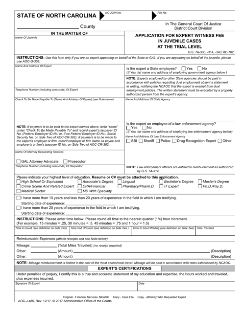 Form AOC-J-485 Application for Expert Witness Fee in Juvenile Cases at the Trial Level - North Carolina