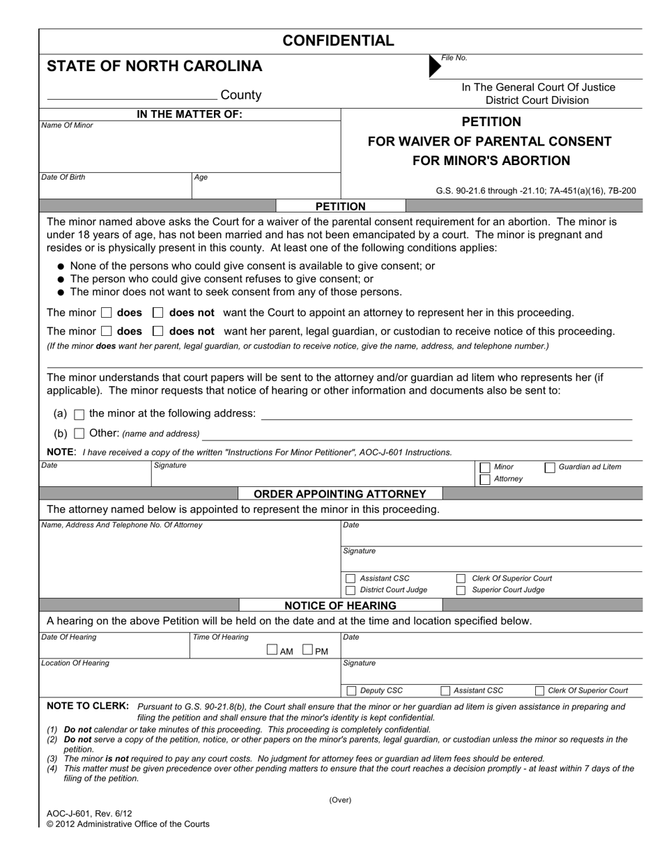 Form AOC-J-601 Petition for Waiver of Parental Consent for Minors Abortion - North Carolina, Page 1