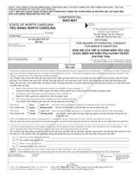 Document preview: Form AOC-J-601 Petition for Waiver of Parental Consent for Minor's Abortion - North Carolina (English/Vietnamese)