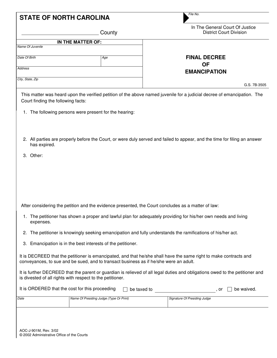 Form AOC-J-901M Final Decree of Emancipation - North Carolina, Page 1