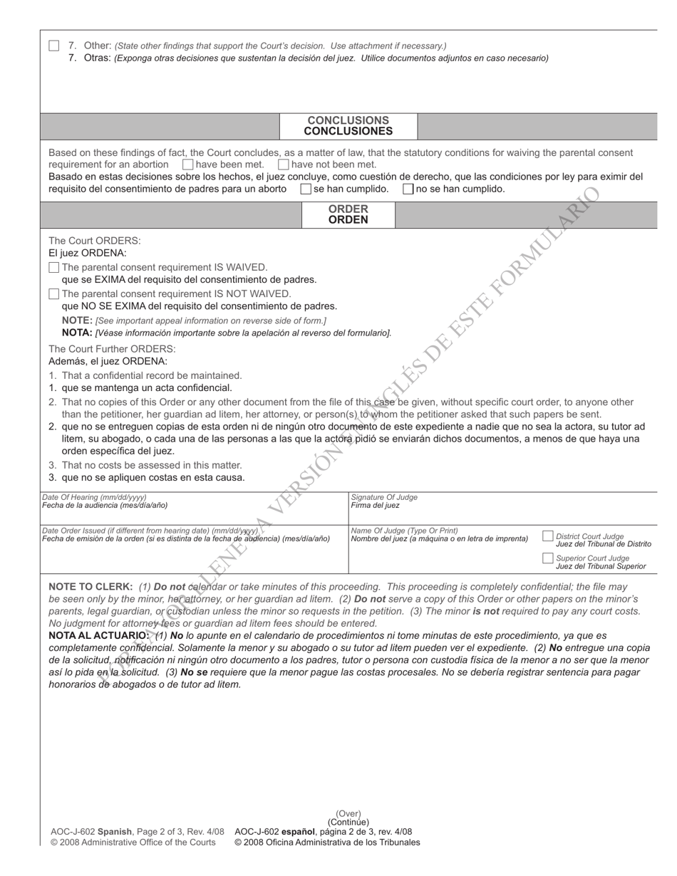Form AOC-J-602 Order on Minors Petition for Waiver of Parental Consent Requirement for Abortion - North Carolina (English / Spanish), Page 2