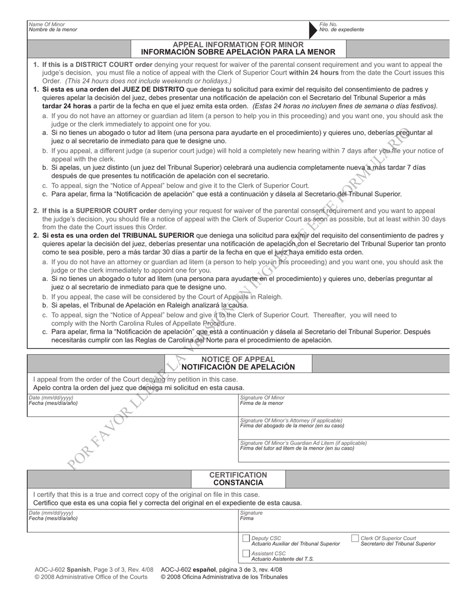 Form AOC-J-602 Order on Minors Petition for Waiver of Parental Consent Requirement for Abortion - North Carolina (English / Spanish), Page 3