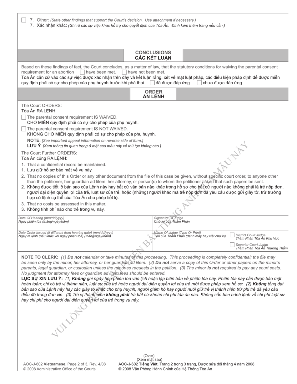 Form AOC-J-602 Order on Minors Petition for Waiver of Parental Consent Requirement for Abortion - North Carolina (English / Vietnamese), Page 2