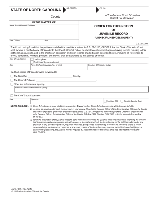 Form AOC-J-905 Order for Expunction of Juvenile Record (Undisciplined/Delinquent) - North Carolina