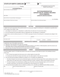 Form AOC-J-909 Petition/Order/Notice Expunction of Juvenile Records Upon Dismissal (Undisciplined/Delinquent) - North Carolina