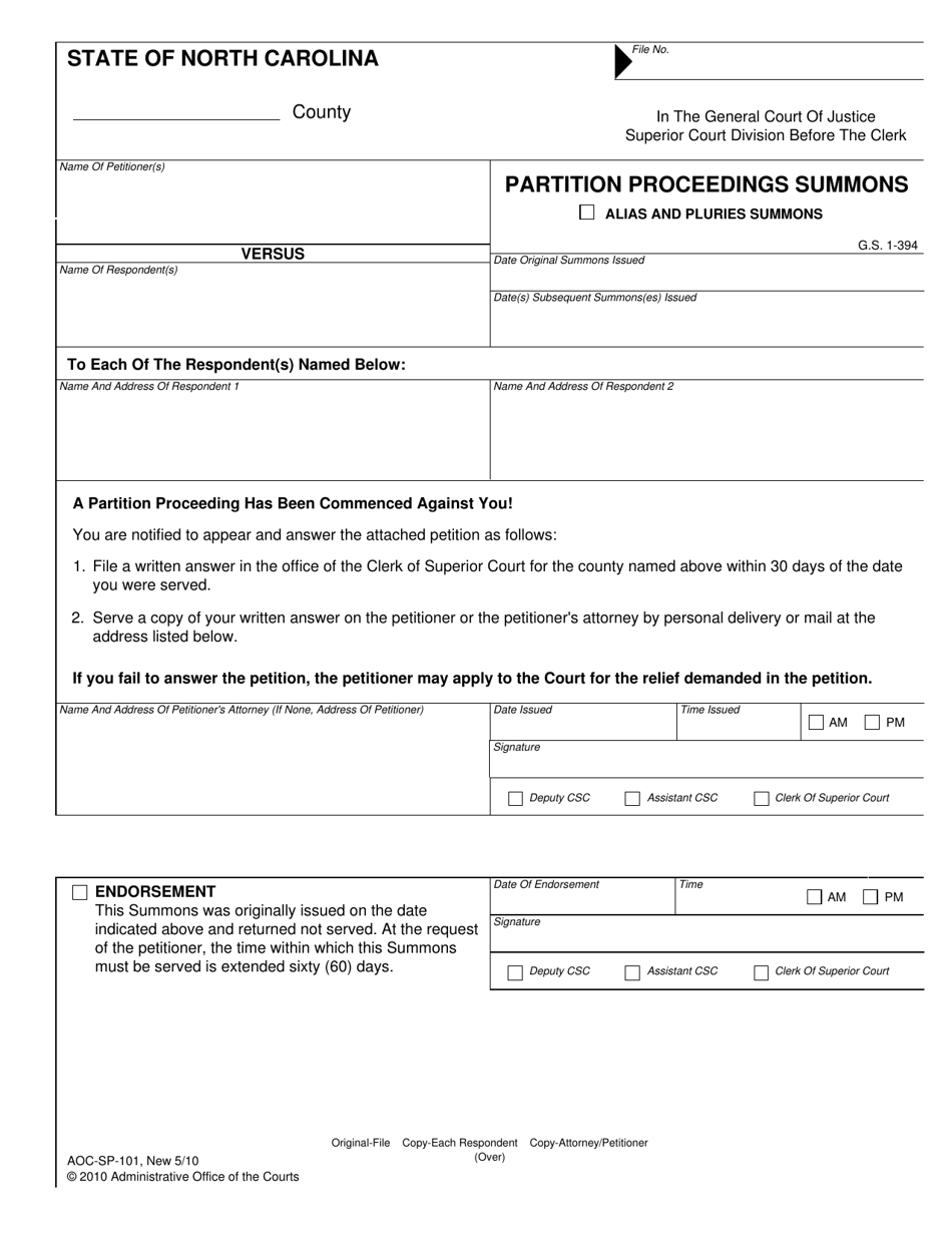 Form AOC-SP-101 Partition Proceedings Summons - North Carolina, Page 1