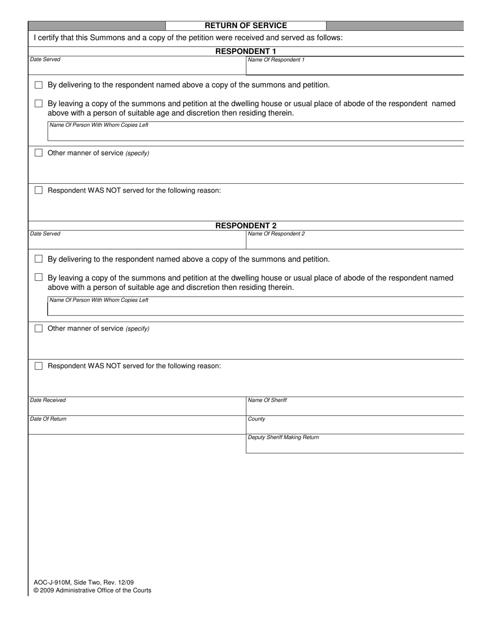 Form AOC-J-910M Juvenile Summons Emancipation Proceeding - North Carolina, Page 2