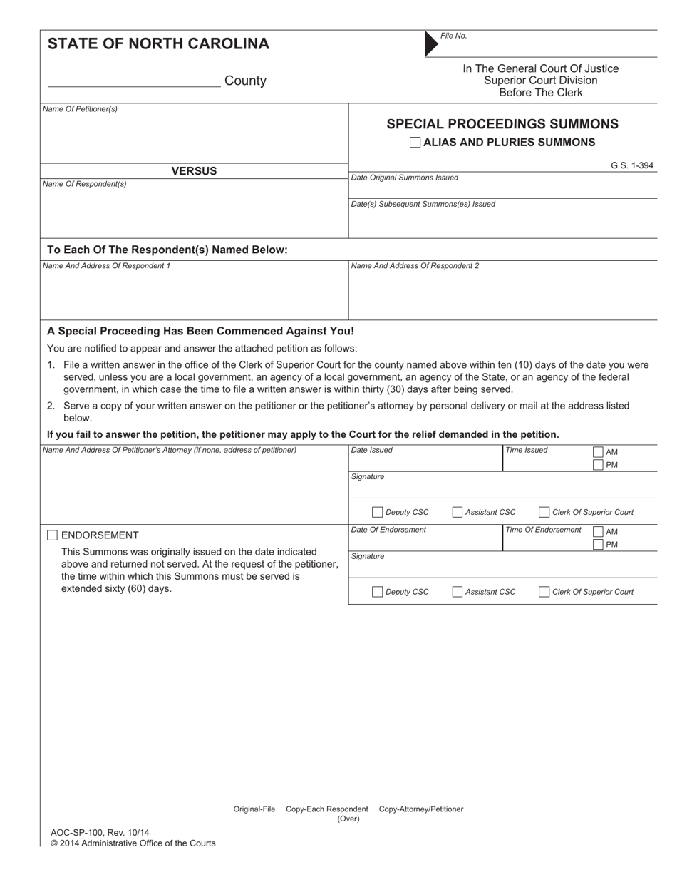 Form AOC-SP-100 Special Proceedings Summons - North Carolina, Page 1