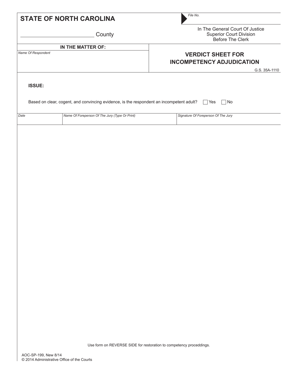 Form AOC-SP-199 Verdict Sheet for Incompetency Adjudication; Verdict Sheet for Restoration to Competency - North Carolina, Page 1