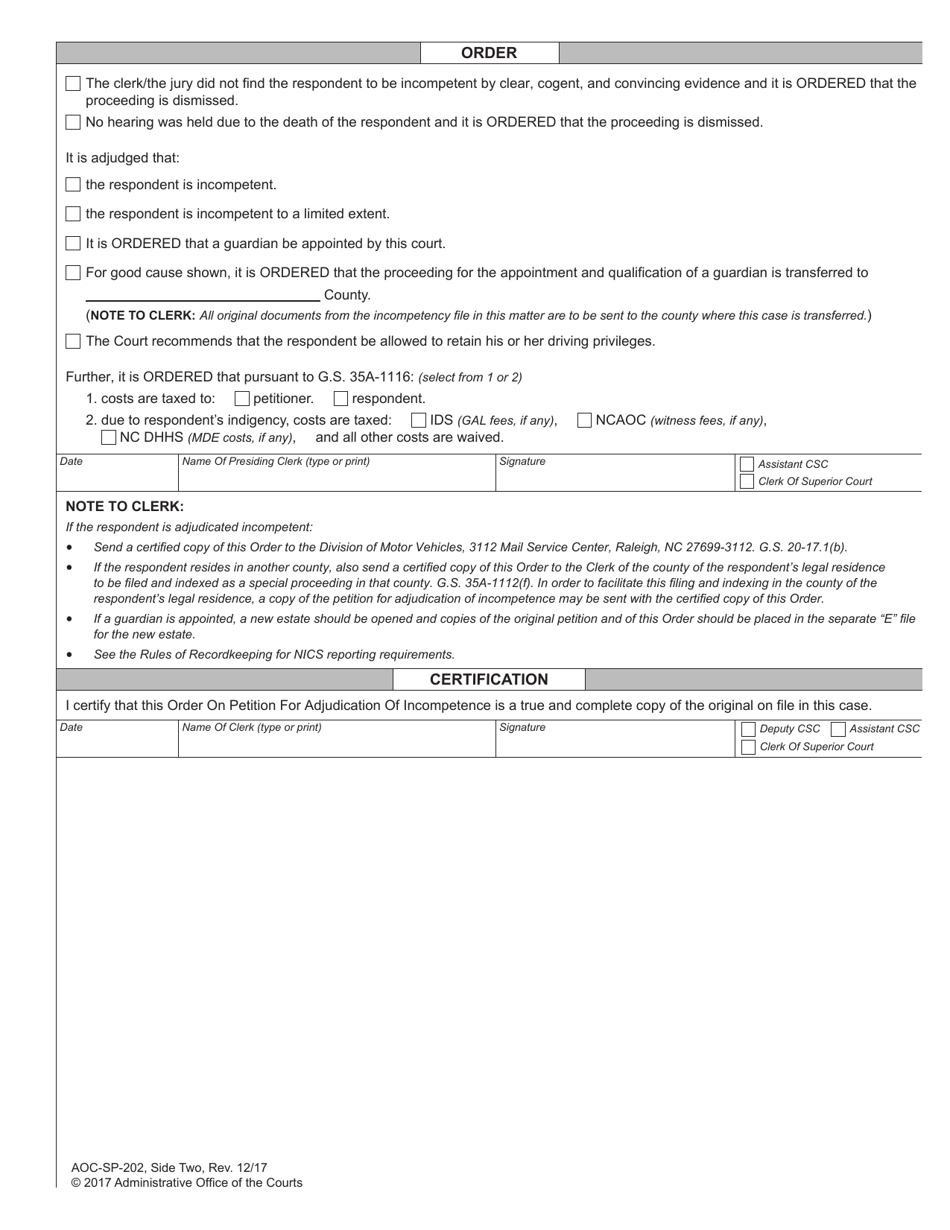 Form AOC-SP-202 Order on Petition for Adjudication of Incompetence - North Carolina, Page 2