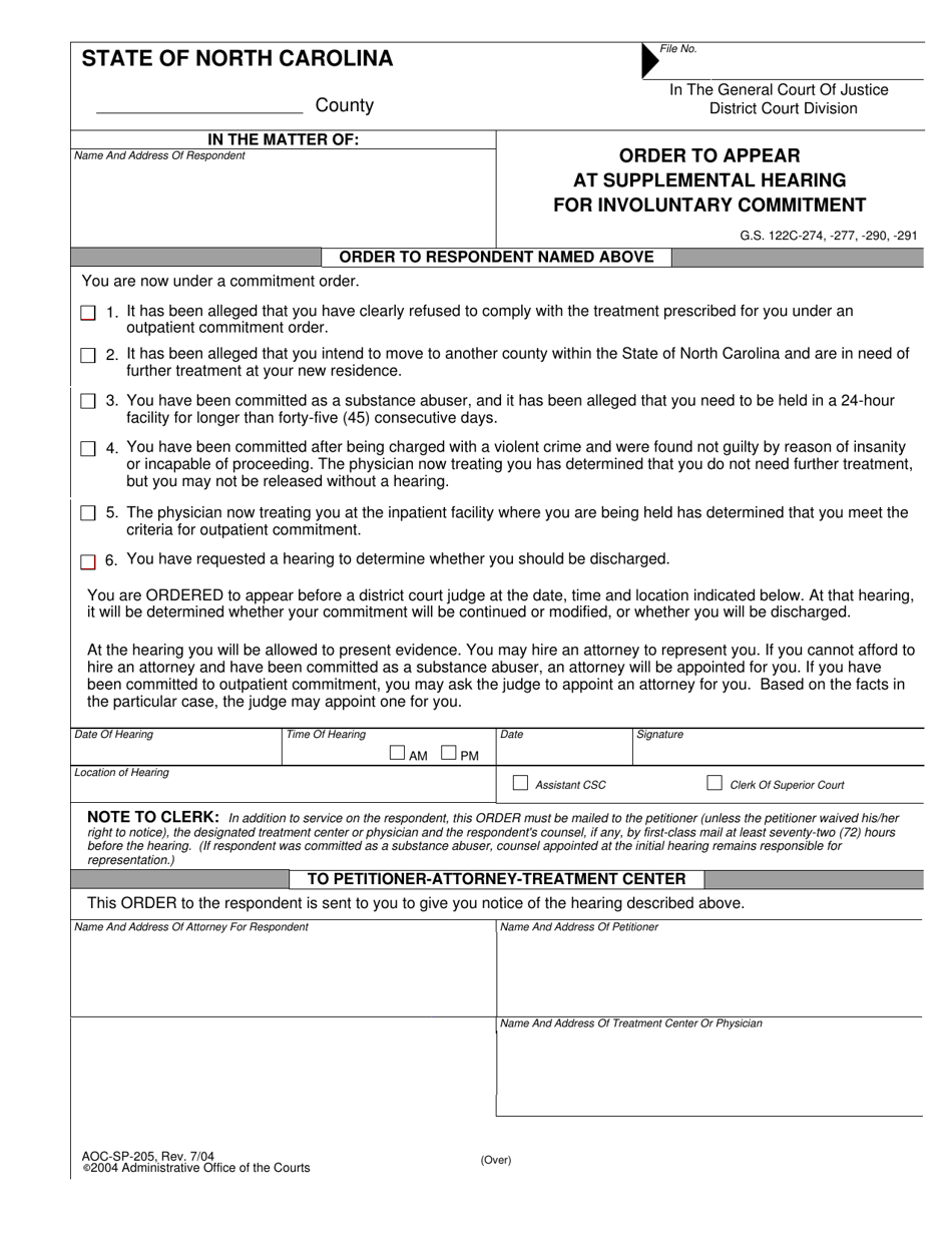 Form AOC-SP-205 Order to Appear at Supplemental Hearing for Involuntary Commitment - North Carolina, Page 1