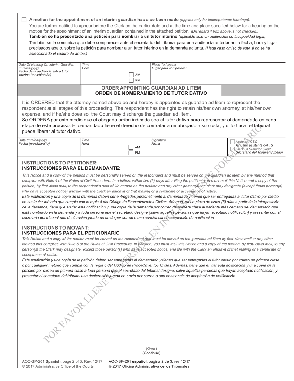 Form AOC-SP-201 Notice of Hearing on Incompetence / Motion in the Cause and Order Appointing Guardian Ad Litem - North Carolina (English / Spanish), Page 2