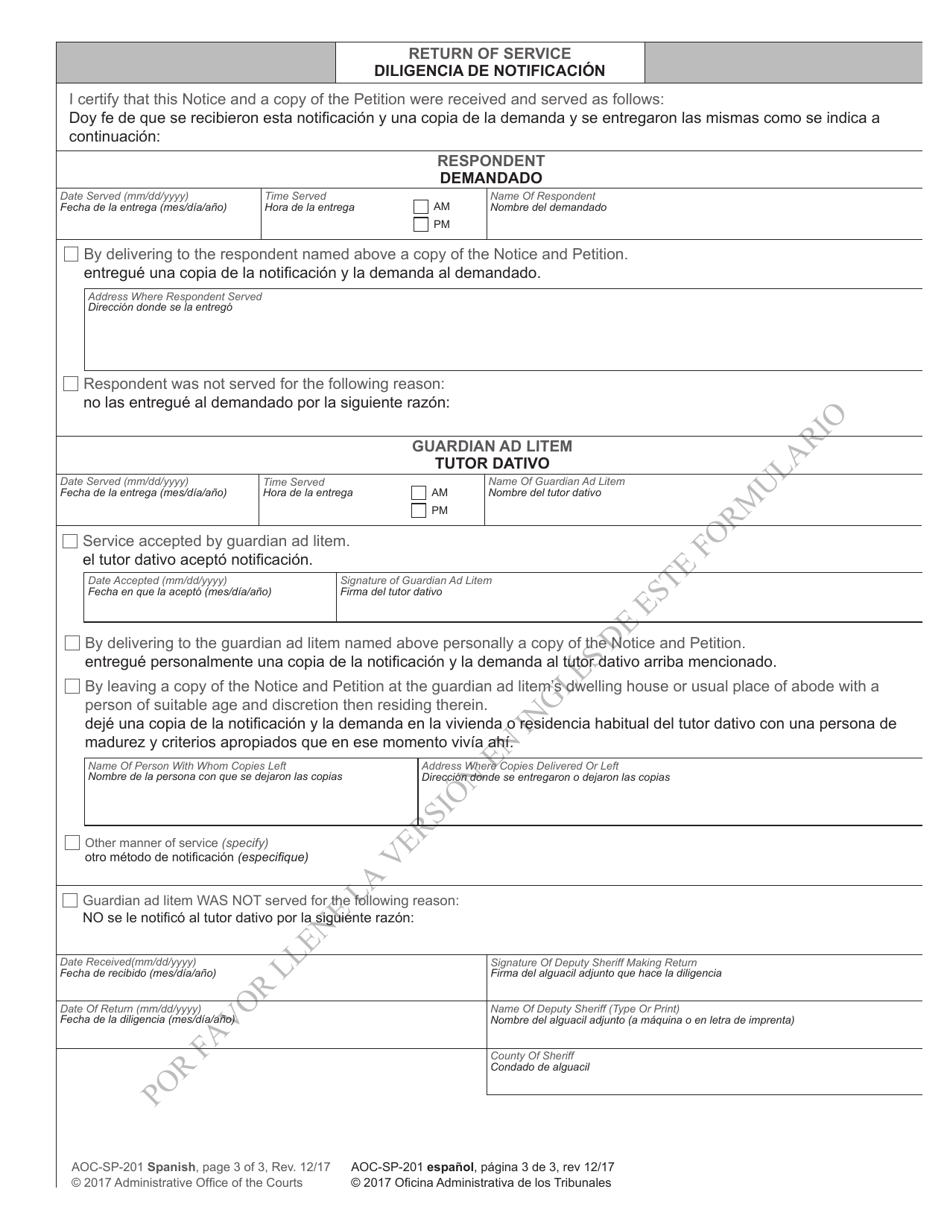 Form AOC-SP-201 Notice of Hearing on Incompetence / Motion in the Cause and Order Appointing Guardian Ad Litem - North Carolina (English / Spanish), Page 3