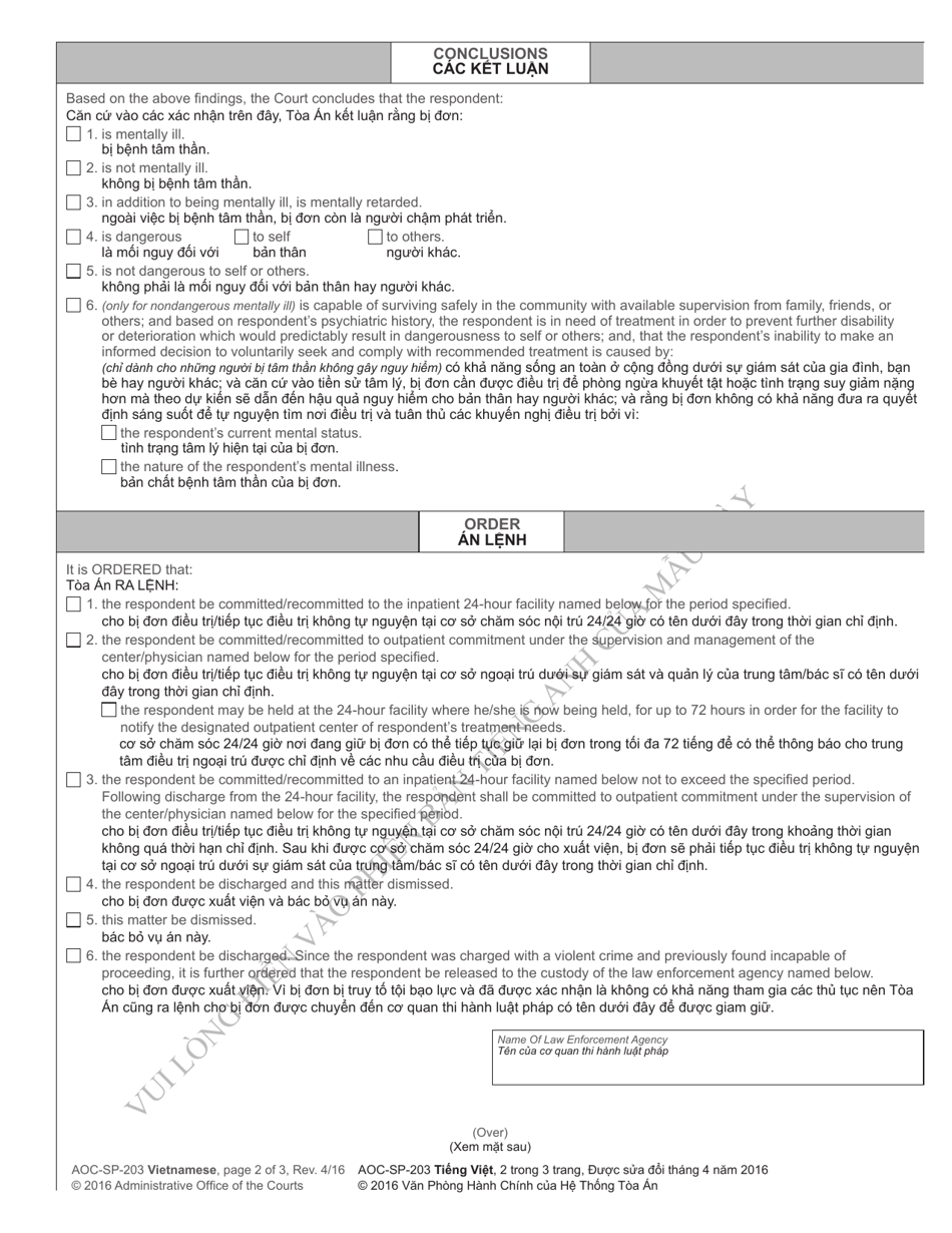 Form AOC-SP-203 Involuntary Commitment Order - Mental Illness - North Carolina (English / Vietnamese), Page 2