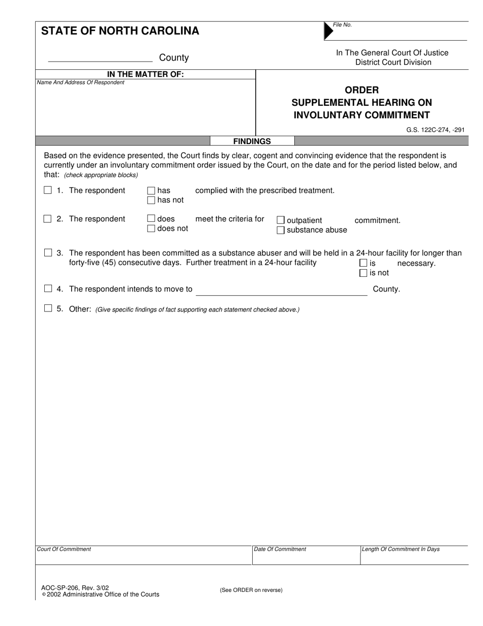 Form AOC-SP-206 Order - Supplemental Hearing on Involuntary Commitment - North Carolina, Page 1