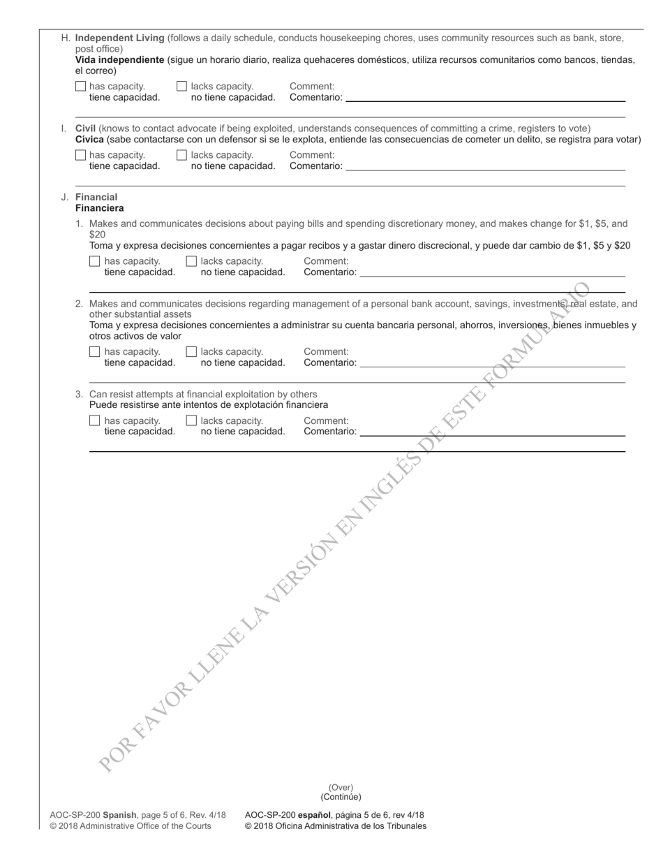 Form AOC-SP-200 Petition for Adjudication of Incompetence and Application for Appointment of Guardian or Limited Guardian - North Carolina (English / Spanish), Page 5