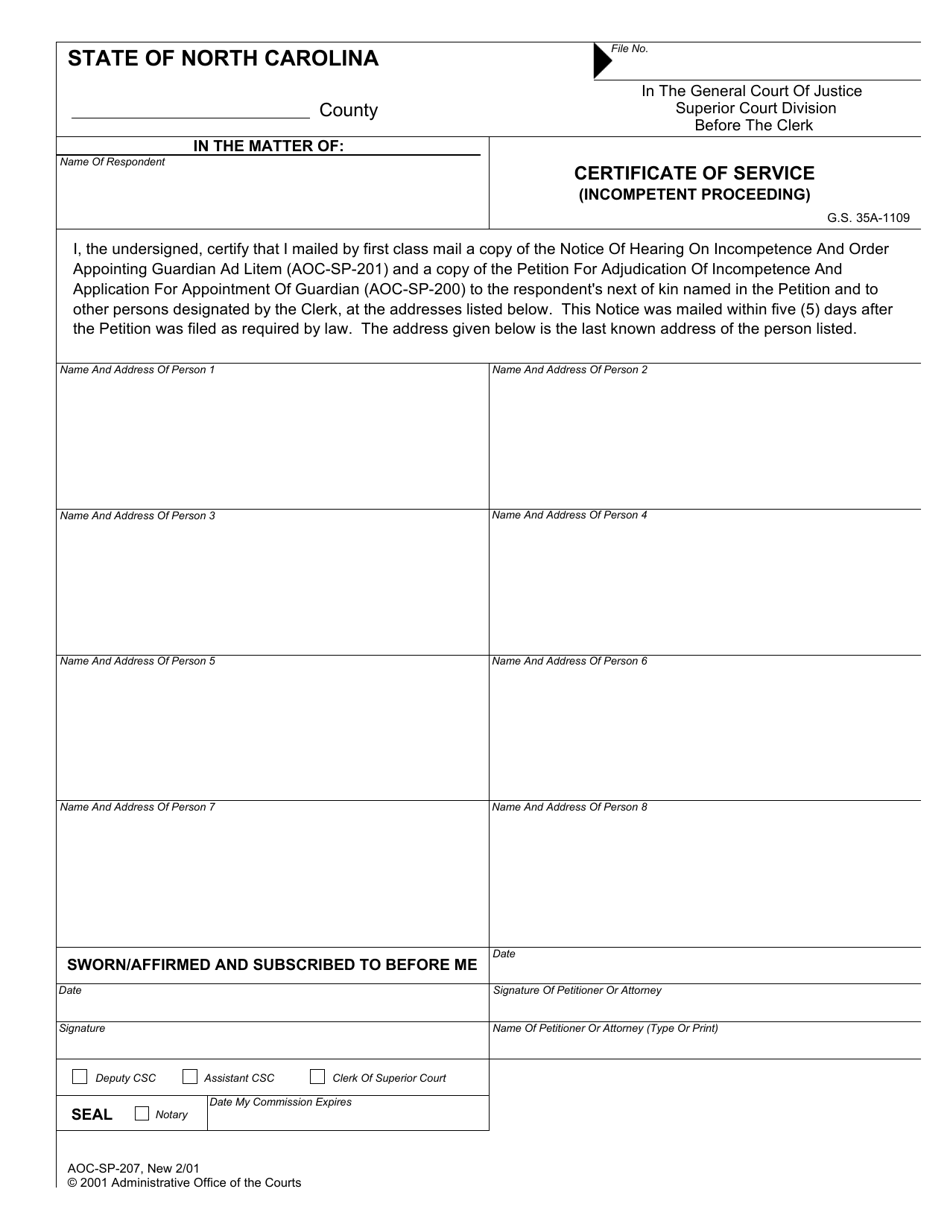 Form AOC-SP-207 Certificate of Service (Incompetent Proceeding) - North Carolina, Page 1