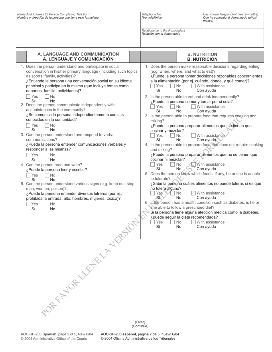 Form AOC-SP-208 Guardianship Capacity Questionnaire - North Carolina (English / Spanish), Page 2