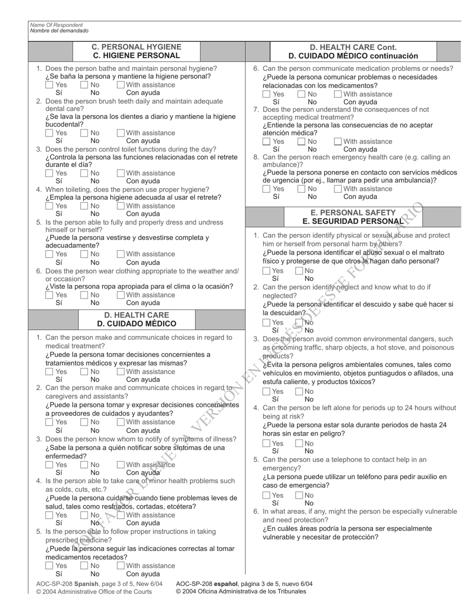 Form AOC-SP-208 Guardianship Capacity Questionnaire - North Carolina (English / Spanish), Page 3