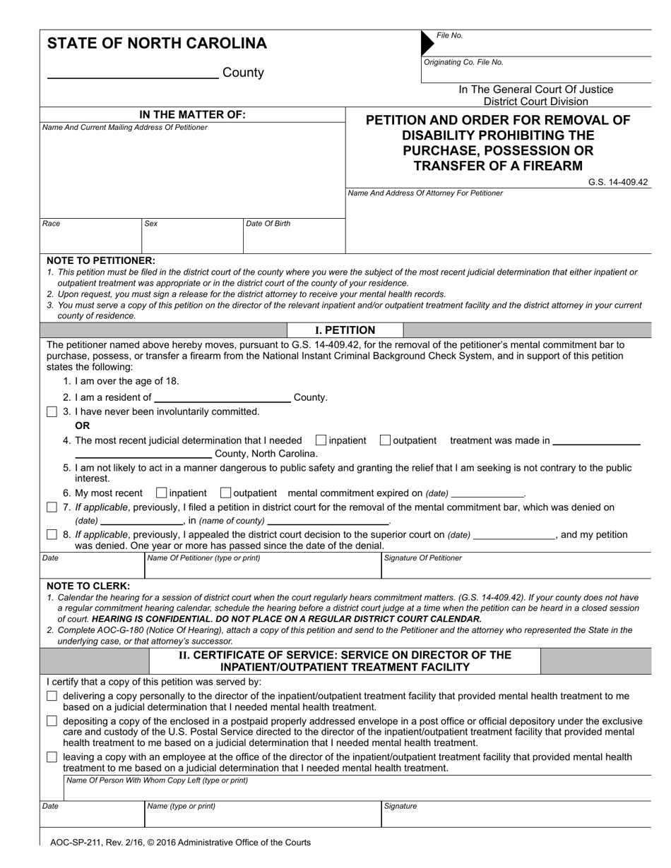 Form AOC-SP-211 Petition and Order for Removal of Disability Prohibiting the Purchase, Possession or Transfer of a Firearm - North Carolina, Page 1
