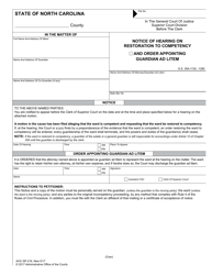 Document preview: Form AOC-SP-216 Notice of Hearing on Restoration to Competency and Order Appointing Guardian Ad Litem - North Carolina